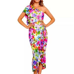 Betsy & Adam
One Shoulder Floral Print Chiffon Ruffle Front Midi Dress